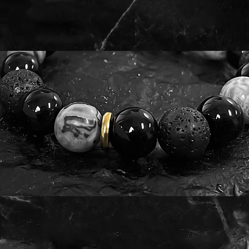 Fortune Jewel Black Obsidian Lava Rock Stone Yin Yang Strength Bracelet