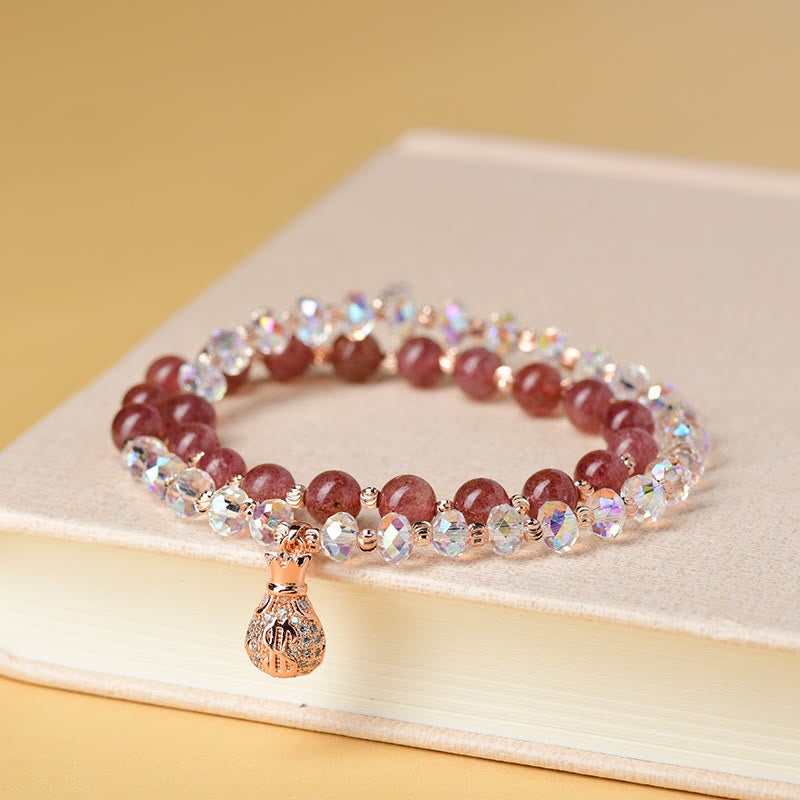 Fortune Jewel Strawberry Quartz White Crystal Money Bag Charm Positive Bracelet