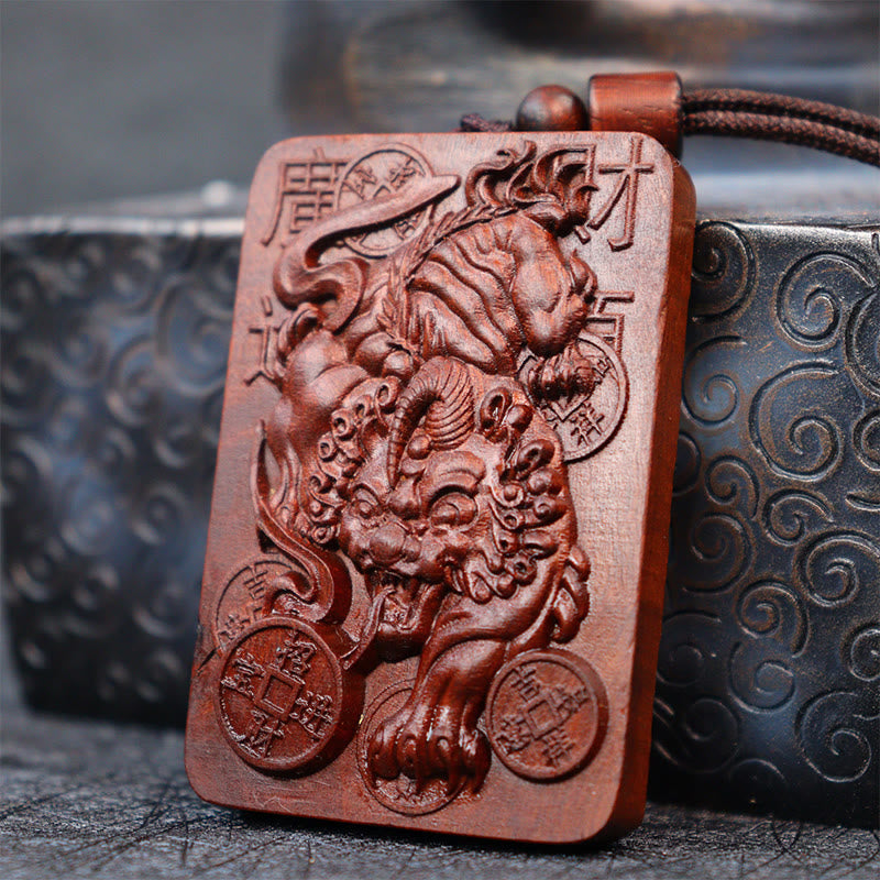 Fortune Jewel Natural Lightning Struck Jujube Wood PiXiu Copper Coin Good Fortune Necklace Pendant