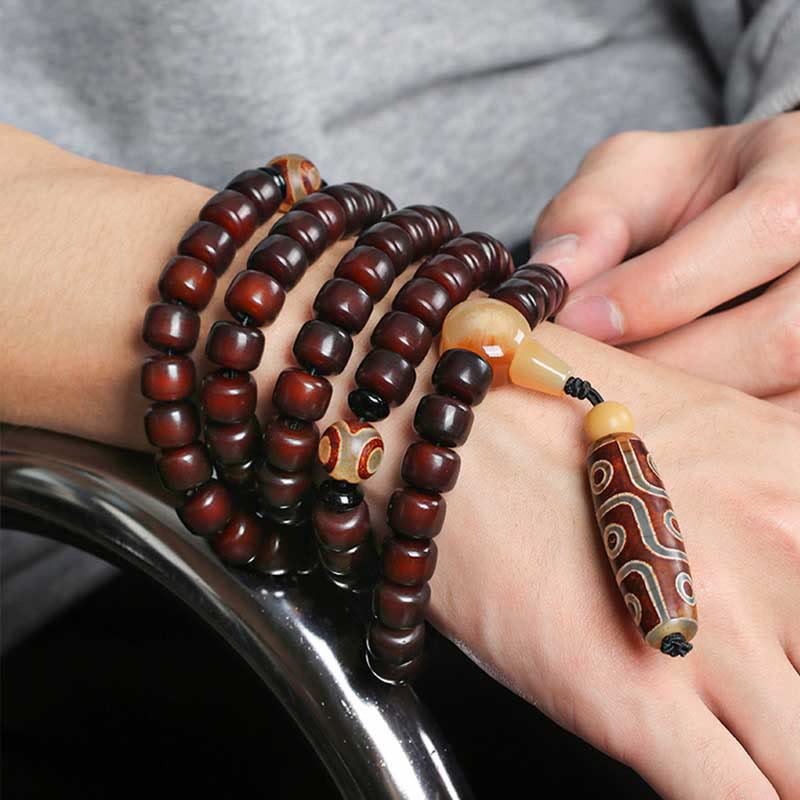 Fortune Jewel 108 Mala Beads Three-eyed Dzi Bead Nine-eye Dzi Bead Jade Luck Bracelet