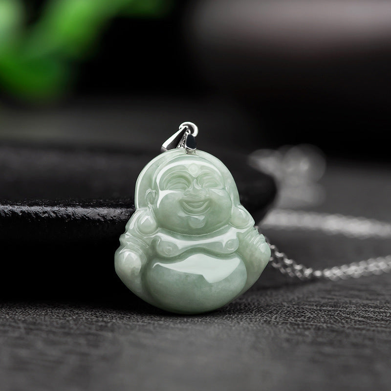 Fortune Jewel Laughing Buddha Jade Blessing Titanium Steel Chain Necklace Pendant Fortune Jewel