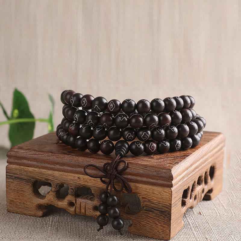 Fortune Jewel 925 Sterling Silver Inlaid Small Leaf Red Sandalwood Om Mani Padme Hum Character Auspicious Clouds Protection Bracelet