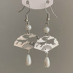 Fortune Jewel Copper Fan Auspicious Clouds Pearl Healing Drop Earrings