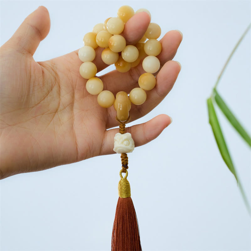 Fortune Jewel Natural Bodhi Seed Ivory Fruit Dancing Lion Charm Harmony Tassel Wrist Mala