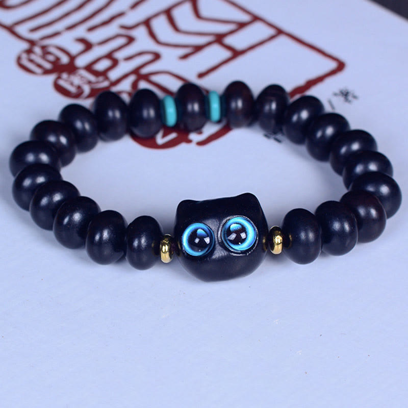 Fortune Jewel Ebony Wood Liuli Glass Lovely Cat Peace Balance Bracelet