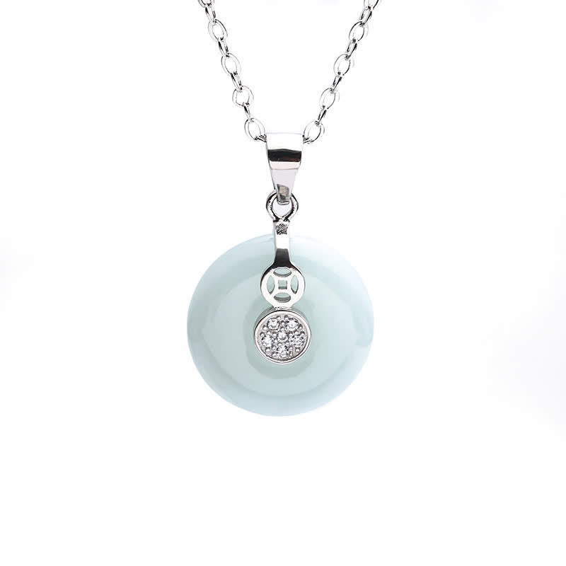 Fortune Jewel 925 Sterling Silver Peace Buckle Jade Coin Luck Necklace Pendant