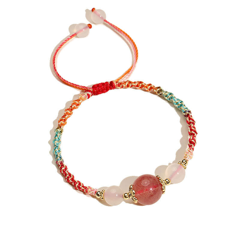 Fortune Jewel Strawberry Quartz Pink Crystal Prehnite White Agate Bead Healing Rope Bracelet