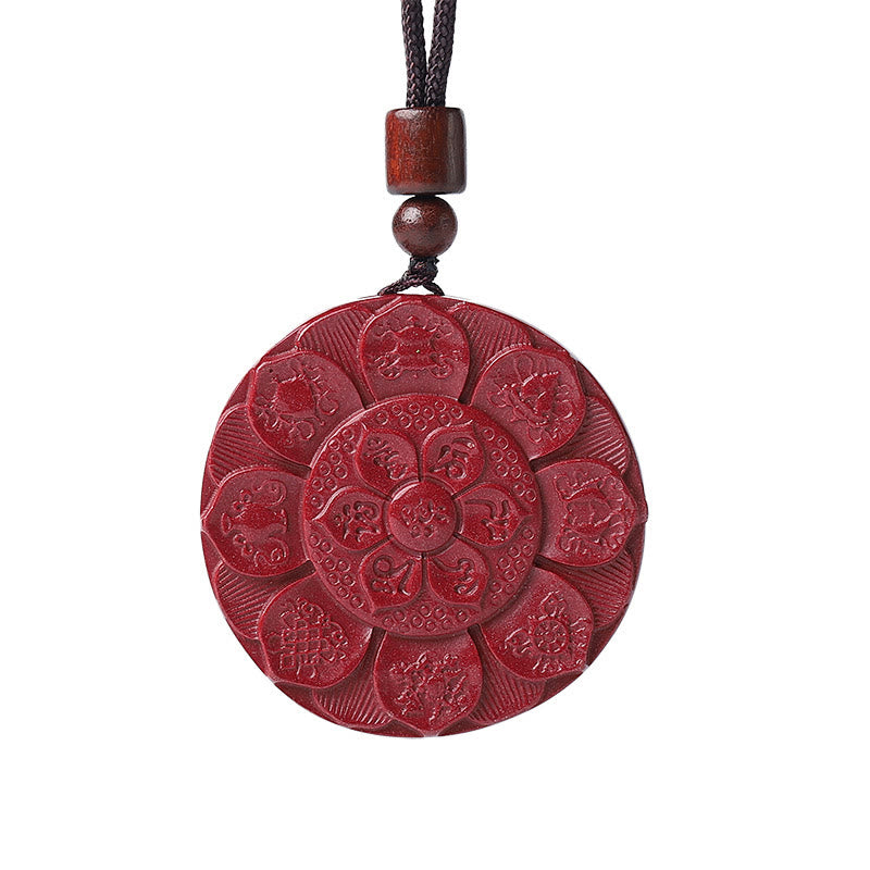 Fortune Jewel Natural Cinnabar Lotus Om Mani Padme Hum Blessing Necklace String Pendant