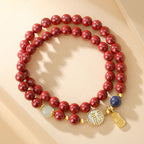 Fortune Jewel 925 Sterling Silver Cinnabar Tridacna Stone Fu Character Double Wrap Blessing Bracelet