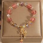 Fortune Jewel Natural Strawberry Quartz Healing Positive Butterfly Charm Bracelet