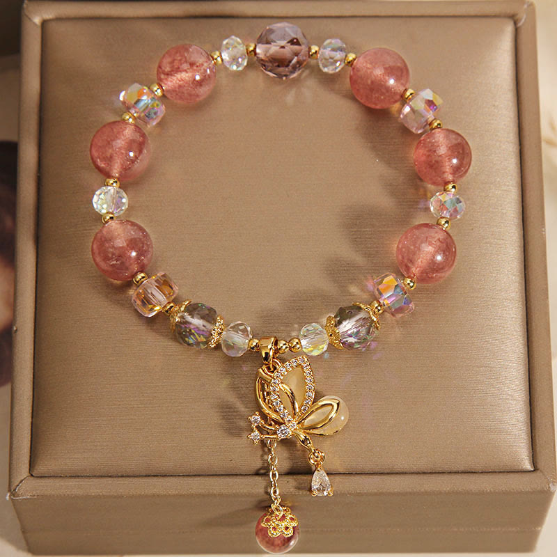 Fortune Jewel Natural Strawberry Quartz Healing Positive Butterfly Charm Bracelet