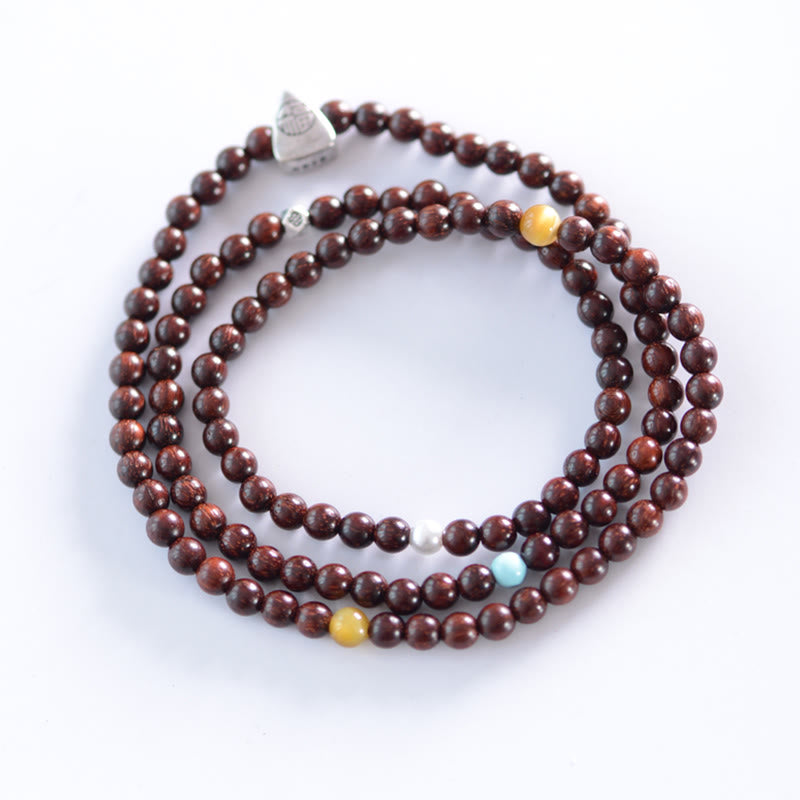 Fortune Jewel 925 Sterling Silver Indian Small Leaf Red Sandalwood Fu Character Protection Triple Wrap Bracelet