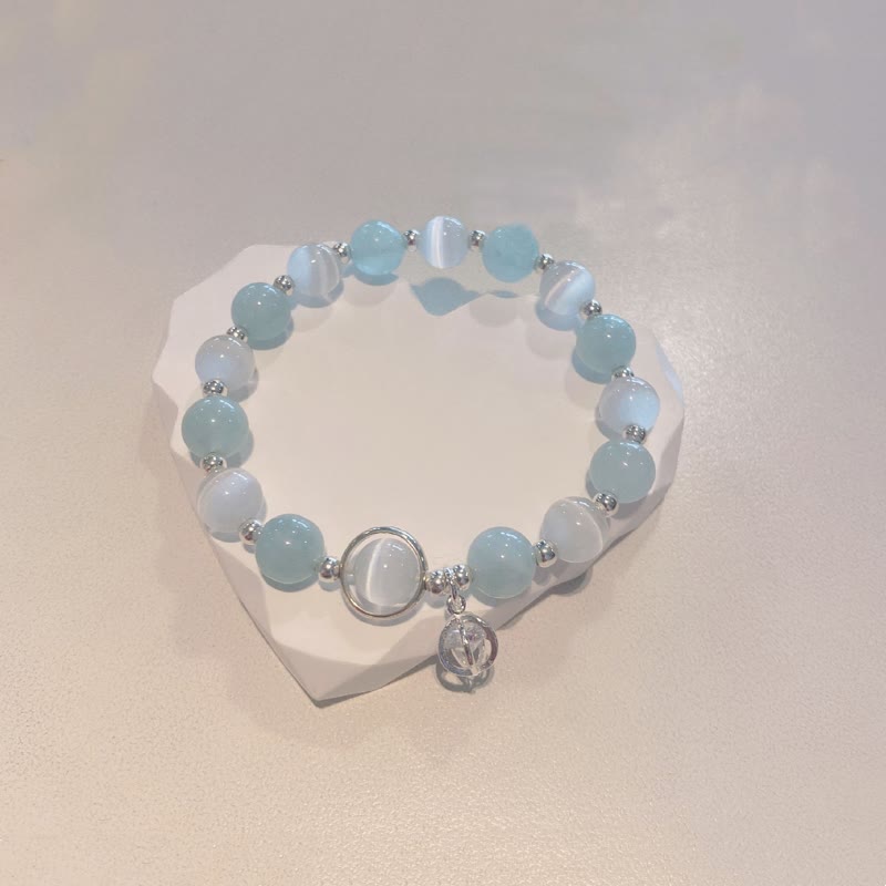 Fortune Jewel 925 Sterling Silver Cat's Eye Aquamarine Support Charm Bracelet