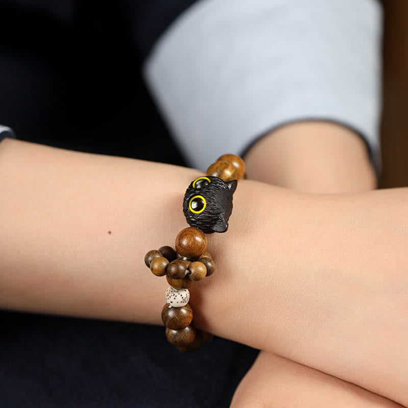 Fortune Jewel Green Sandalwood Ebony Wood Cat Peace Soothing Bracelet