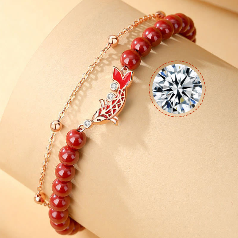 Fortune Jewel 925 Sterling Silver Lucky Koi Fish Cinnabar Zircon Prosperity Double Layer Chain Bracelet