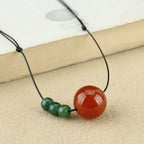 Fortune Jewel Red Agate Green Aventurine Green Bodhi Seed Bead Calm Leather Rope Necklace Pendant