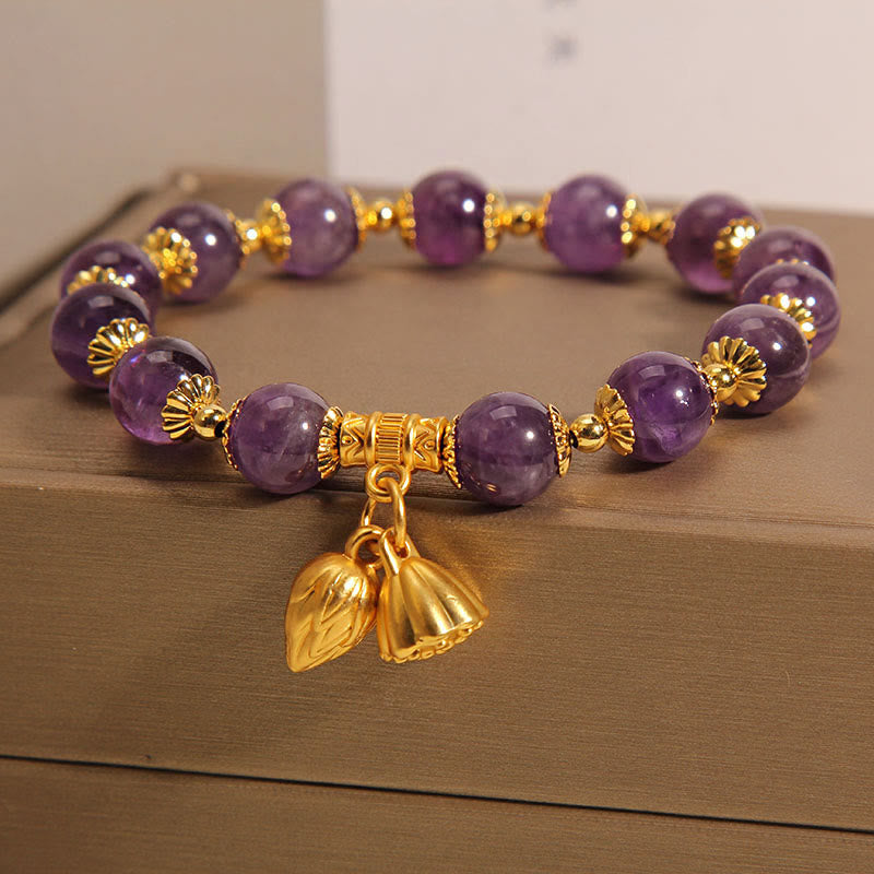 Fortune Jewel Natural Amethyst Lotus Healing Spiritual Bracelet
