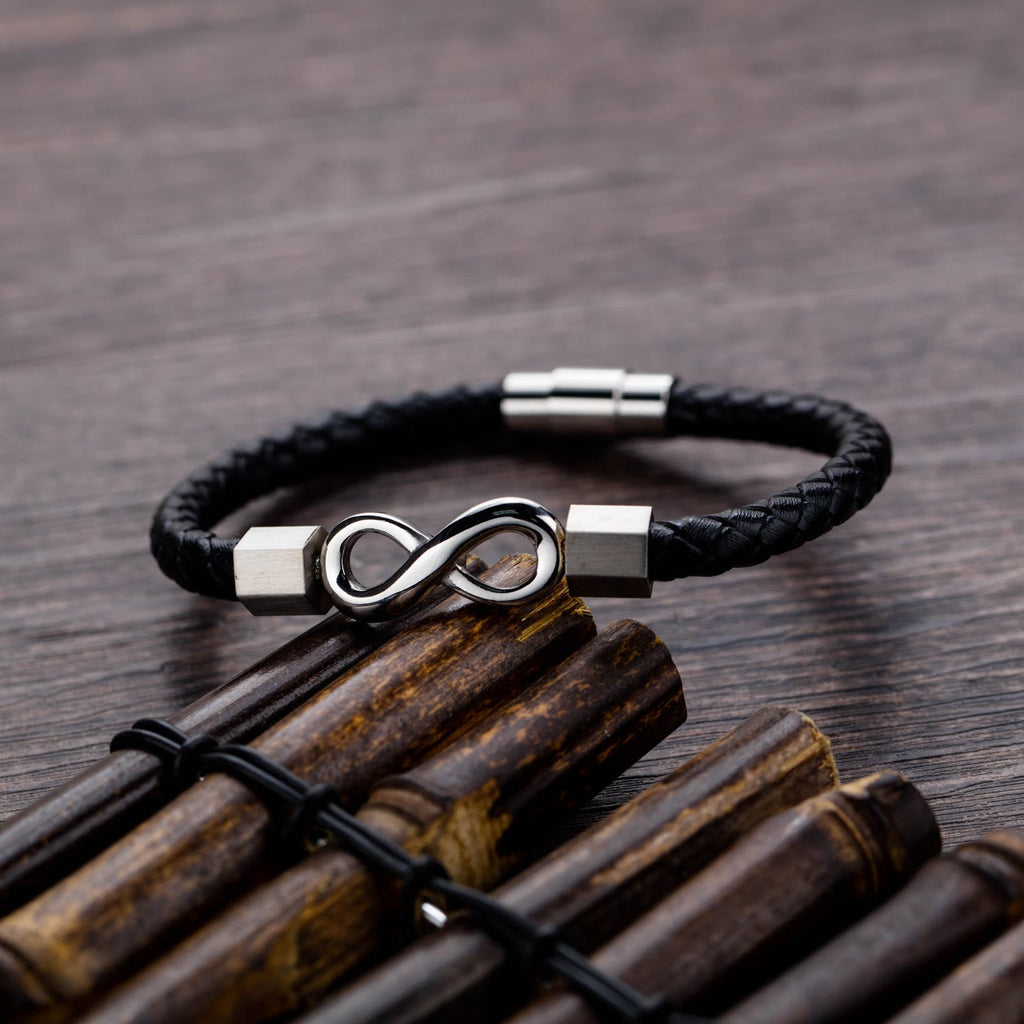 Fortune Jewel Endless Knot Titanium Steel Infinity Leather Weave Balance Bracelet