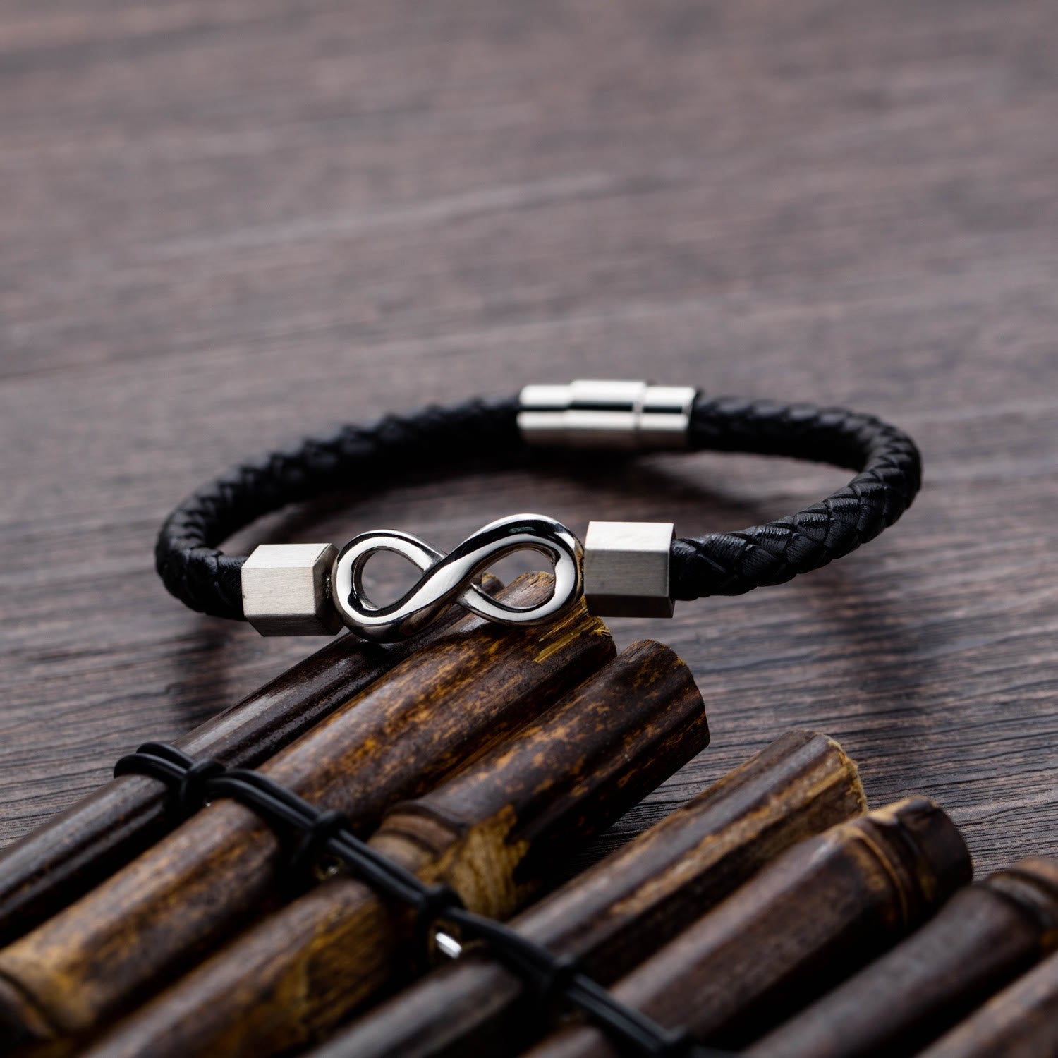 Fortune Jewel Endless Knot Titanium Steel Infinity Leather Weave Balance Bracelet
