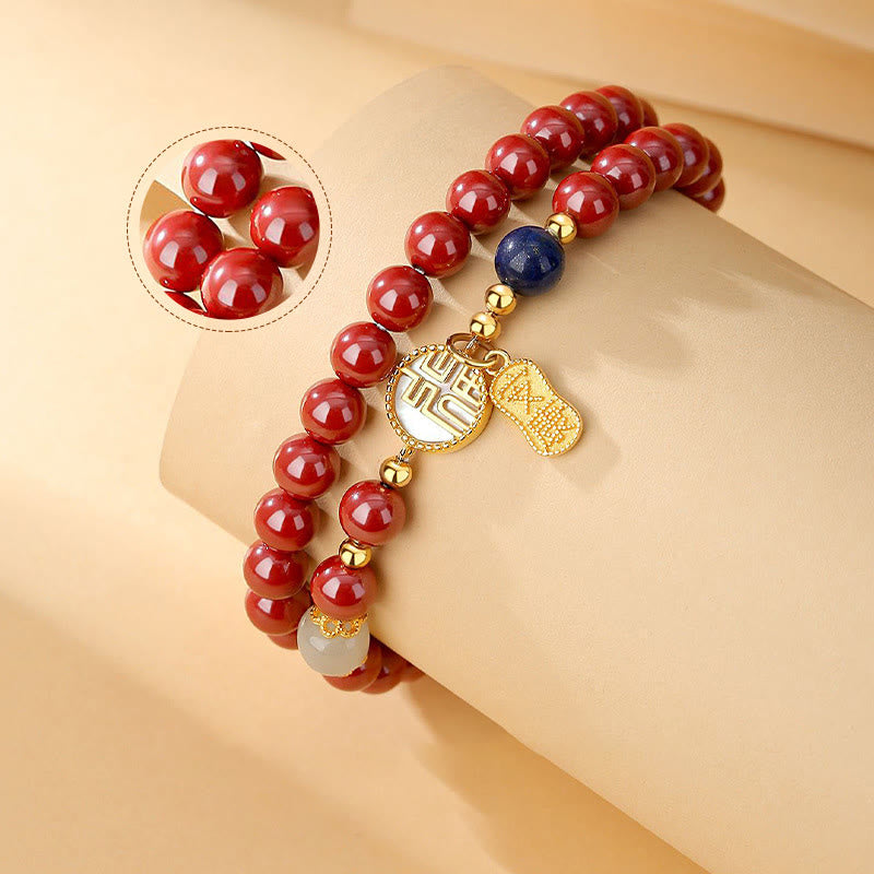 Fortune Jewel 925 Sterling Silver Cinnabar Tridacna Stone Fu Character Double Wrap Blessing Bracelet