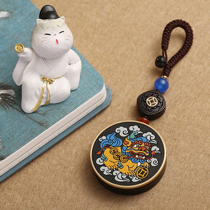 Fortune Jewel PiXiu Copper Coin Ebony Wood Luck Attract Wealth Key Chain Decoration