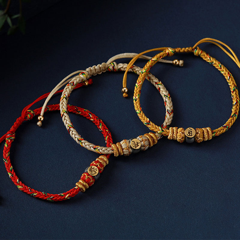 Fortune Jewel Chinese Zodiac Natal Buddha Silver Luck Braided String Bracelet