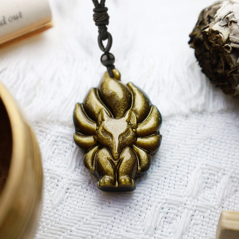 Fortune Jewel Natural Fluorite Gold Sheen Obsidian Fox Pendant Protection Necklace