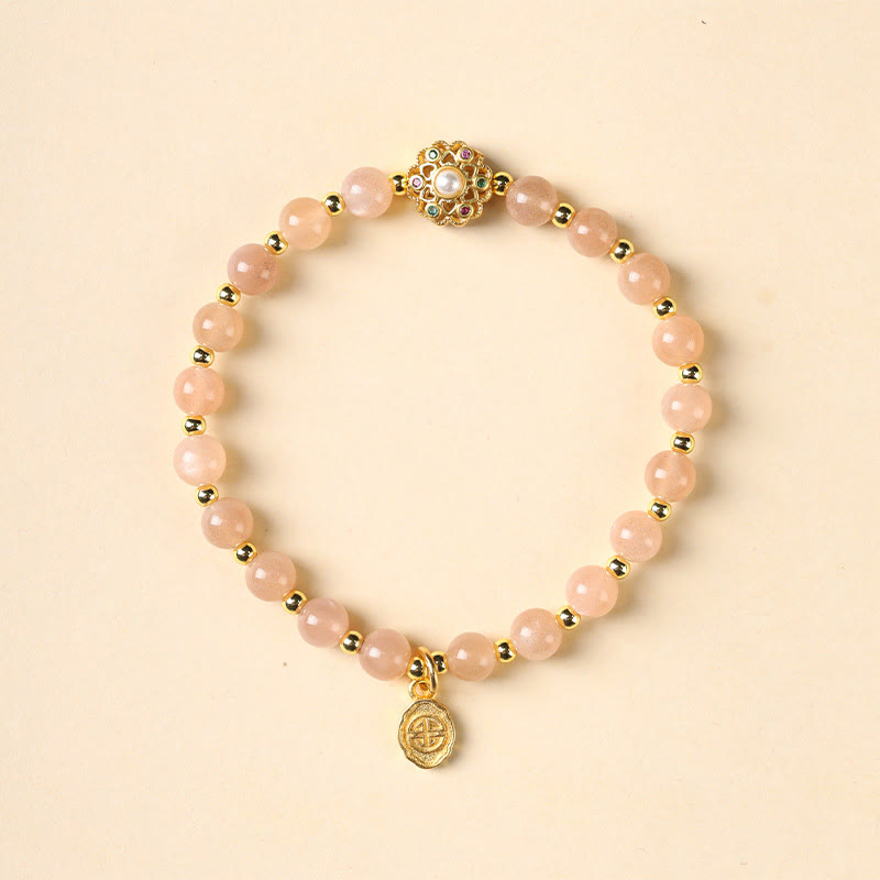 Fortune Jewel 14K Gold Plated Natural Strawberry Quartz Labradorite Sun Stone Fu Character Positive Charm Bracelet