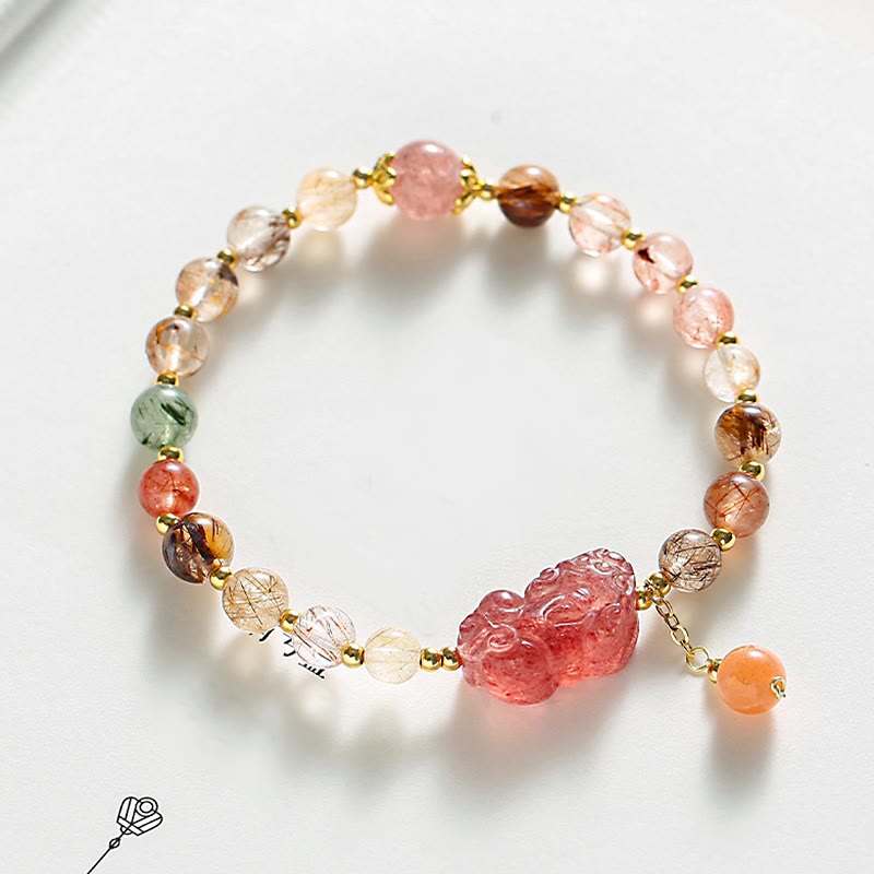 Fortune Jewel Natural Rutilated Quartz Strawberry Quartz PiXiu Wealth Bracelet