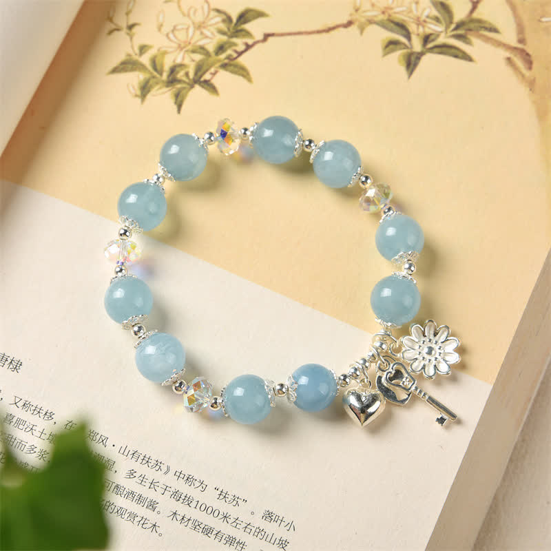 Fortune Jewel 925 Sterling Silver Natural Aquamarine Serenity Flower Love Key Charm Bracelet