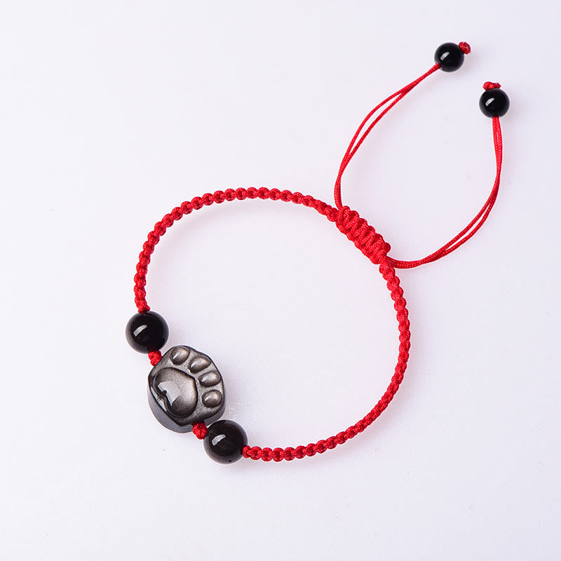 Fortune Jewel Natural Silver Sheen Obsidian Gold Sheen Obsidian Cute Cat Paw Claw Protection Rope Bracelet