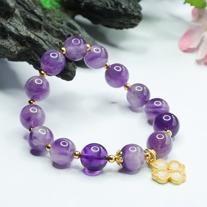 Fortune Jewel Natural Amethyst Crystal Inner Peace Four Leaf Clover Charm Bracelet