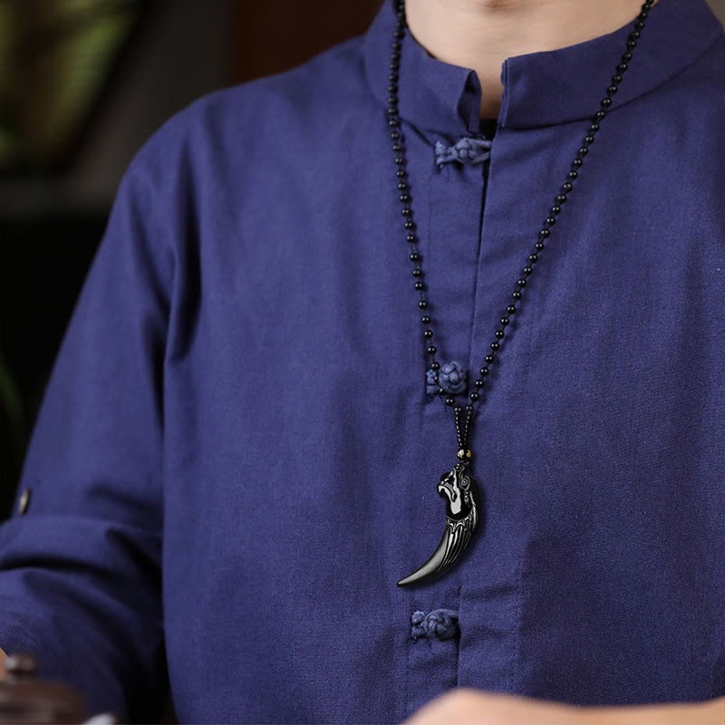 Fortune Jewel Natural Black Jade Chinese Zodiac Dragon Tooth Pattern Protection Necklace Pendant Fortune Jewel