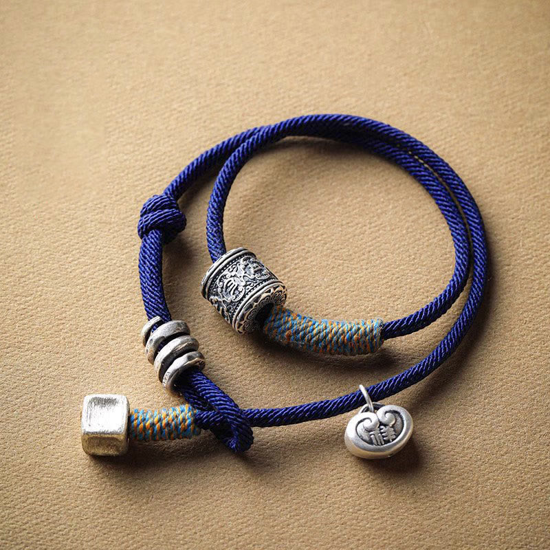 Fortune Jewel Handmade Tibetan Om Mani Padme Hum Carved Auspicious Amulet Double Wrap Rope Bracelet