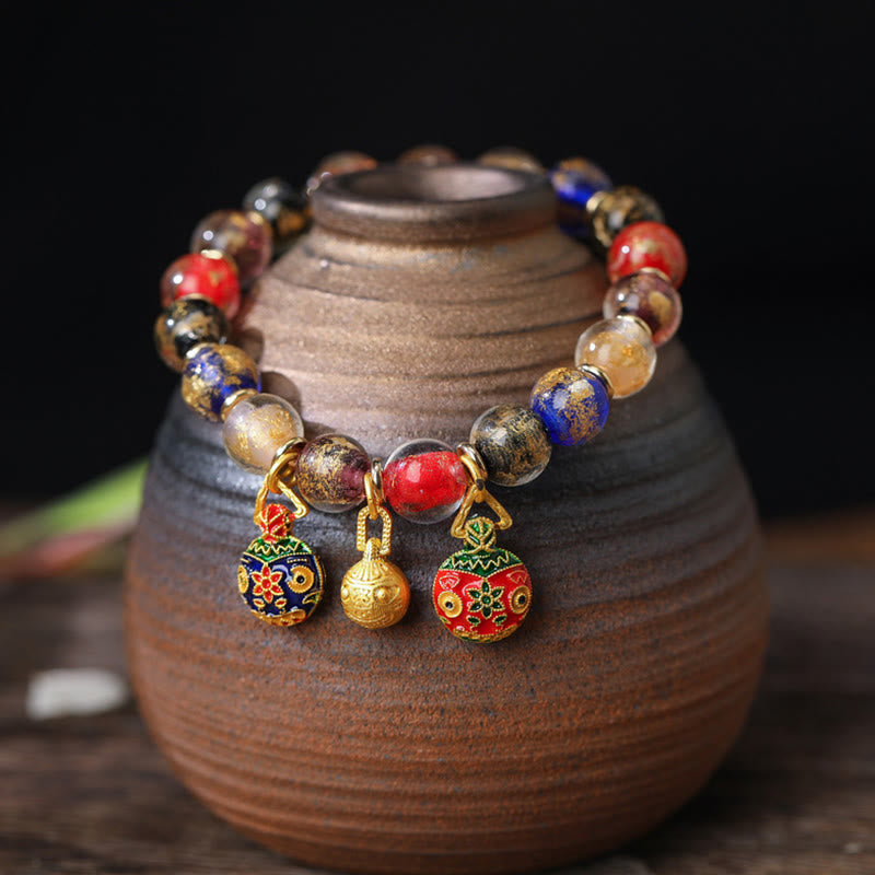 Fortune Jewel Gold Swallowing Beast Family Charm Gold Silver Foil Liuli Glass Bead Blessings Bracelet