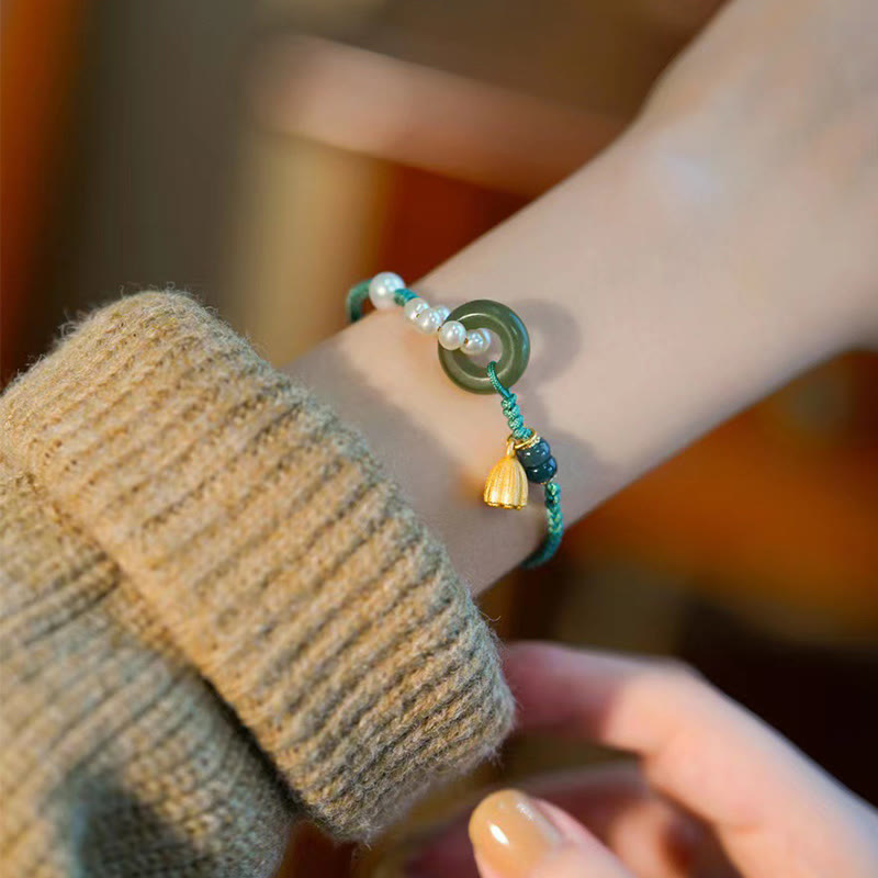 Fortune Jewel Natural Hetian Jade Peace Buckle Pearl Luck Handcrafted Braided Bracelet