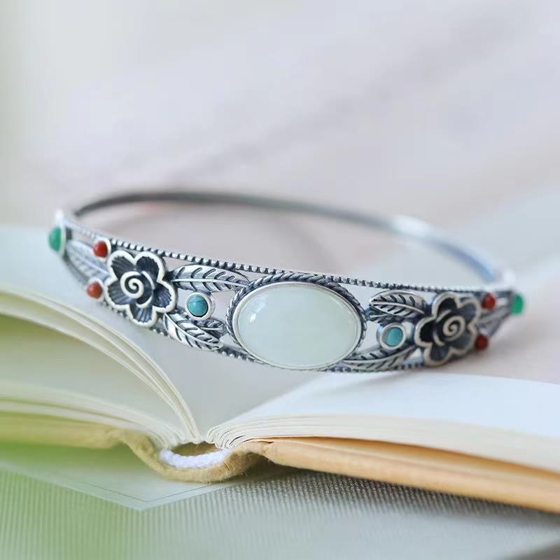 Fortune Jewel Cyan Jade White Jade Flower Leaf Harmony Luck Bracelet Bangle