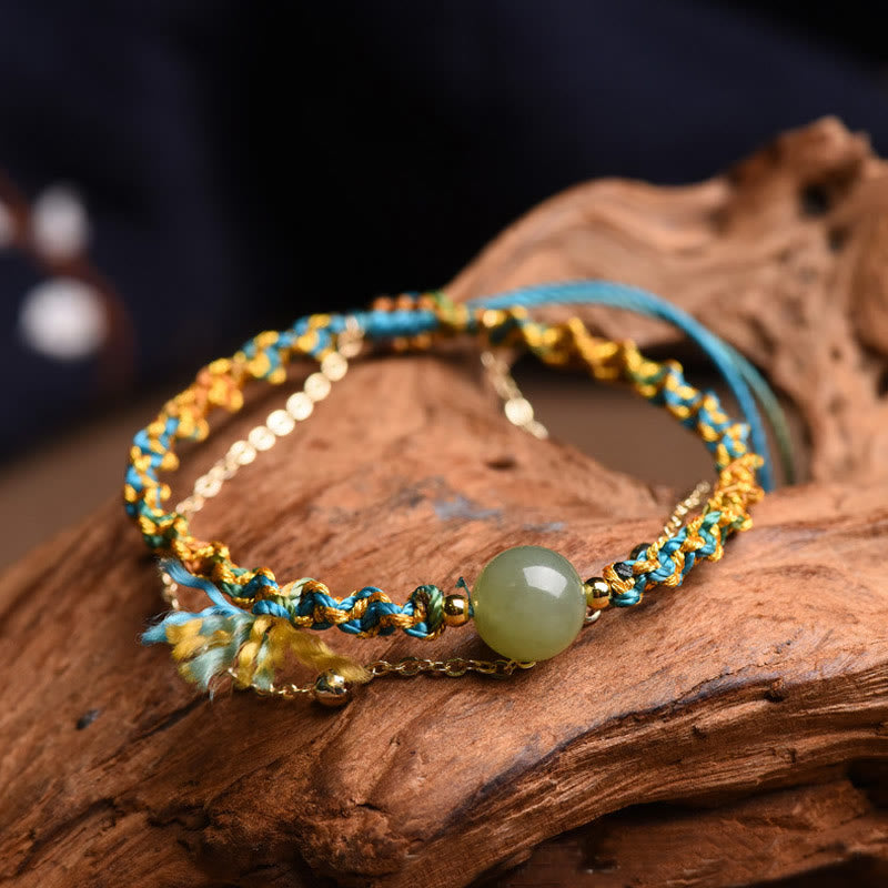 Fortune Jewel Handmade Colorful Rope Luck Jade Bead Abundance Double Layer Bracelet