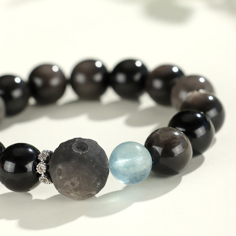 Fortune Jewel Natural Silver Sheen Obsidian Cat Head Fox Planet Protection Bracelet