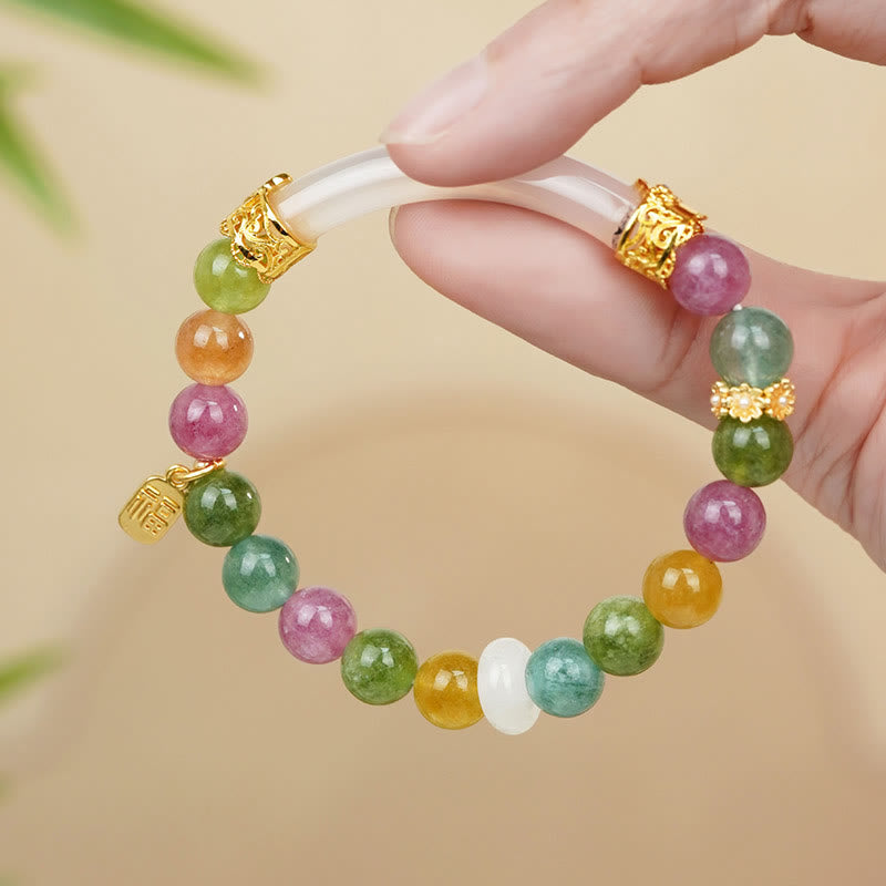 Fortune Jewel Colorful Tourmaline Chalcedony Positive Fu Character Charm Bracelet