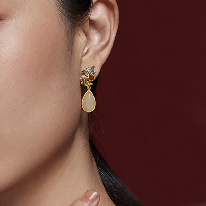 Fortune Jewel Water Drop White Jade Red Agate Butterfly Protection Drop Dangle Earrings