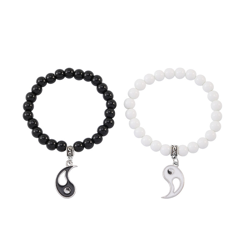 Fortune Jewel 2Pcs Black Onyx White Turquoise Bead Yin Yang Protection Couple Bracelet