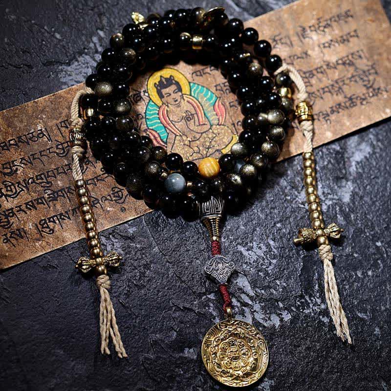 Fortune Jewel 108 Mala Beads Gold Sheen Obsidian Tiger Eye Eagle's Eye Stone Wealth Bracelet