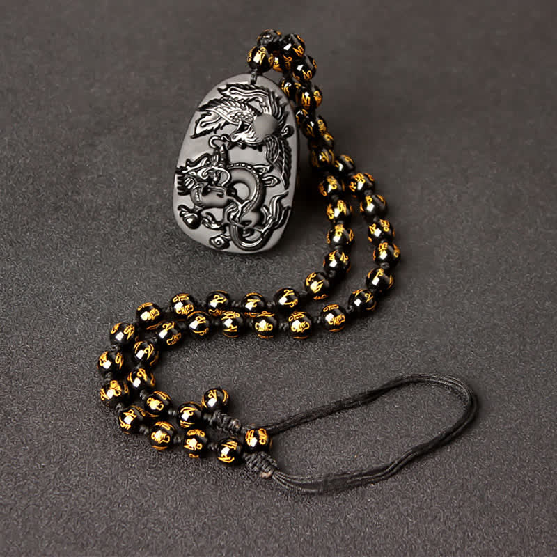 Fortune Jewel Black Obsidian Tiger Eye Dragon Phoenix Protection Beaded Necklace Pendant