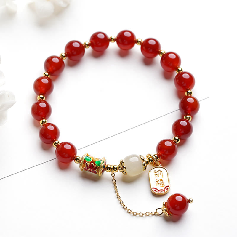 Fortune Jewel Natural Red Agate Hetian Jade Fu Character Confidence Charm Bracelet