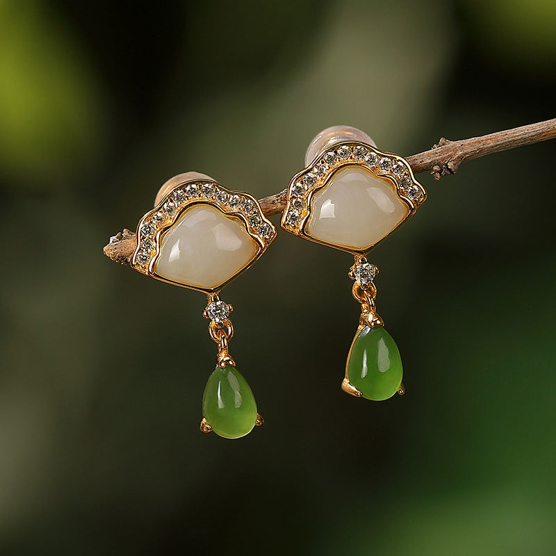 Fortune Jewel White Jade Cyan Jade Fan Water Drop Pattern Luck Drop Earrings