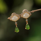 Fortune Jewel White Jade Cyan Jade Fan Water Drop Pattern Luck Drop Earrings