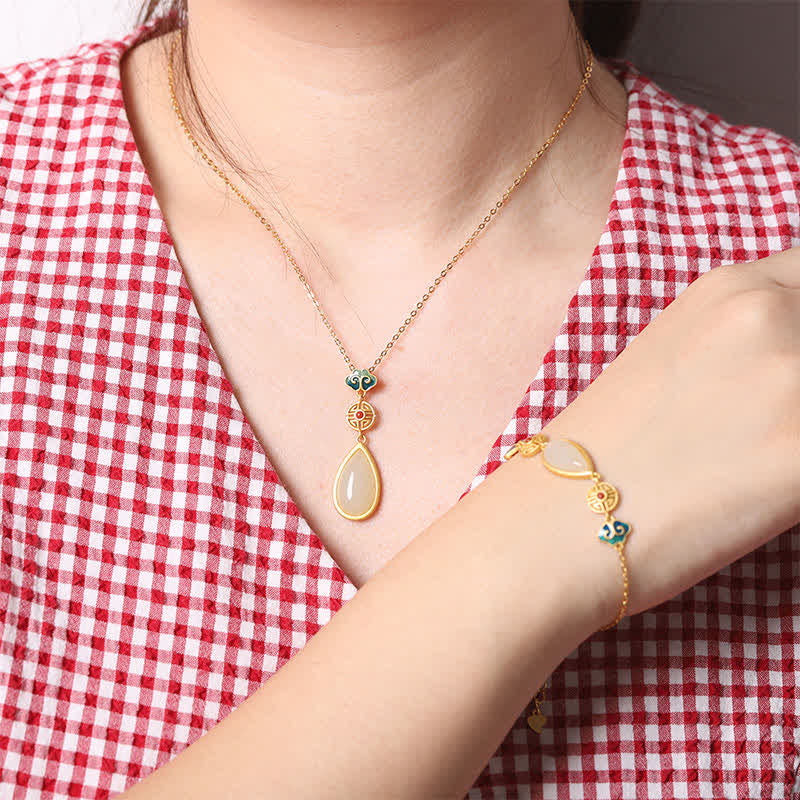 Fortune Jewel 925 Sterling Silver Hetian White Jade Water Drop Chain Necklace Pendant Bracelet
