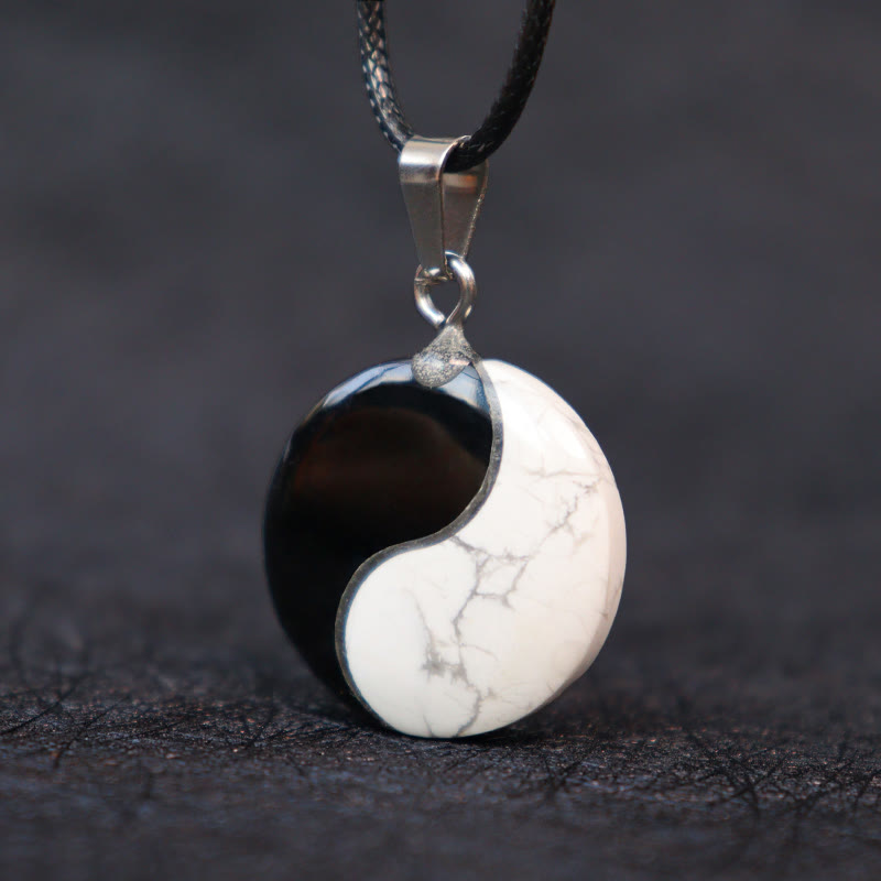 Fortune Jewel Natural Black Obsidian White Turquoise Yin Yang Transformation Rope Necklace Pendant