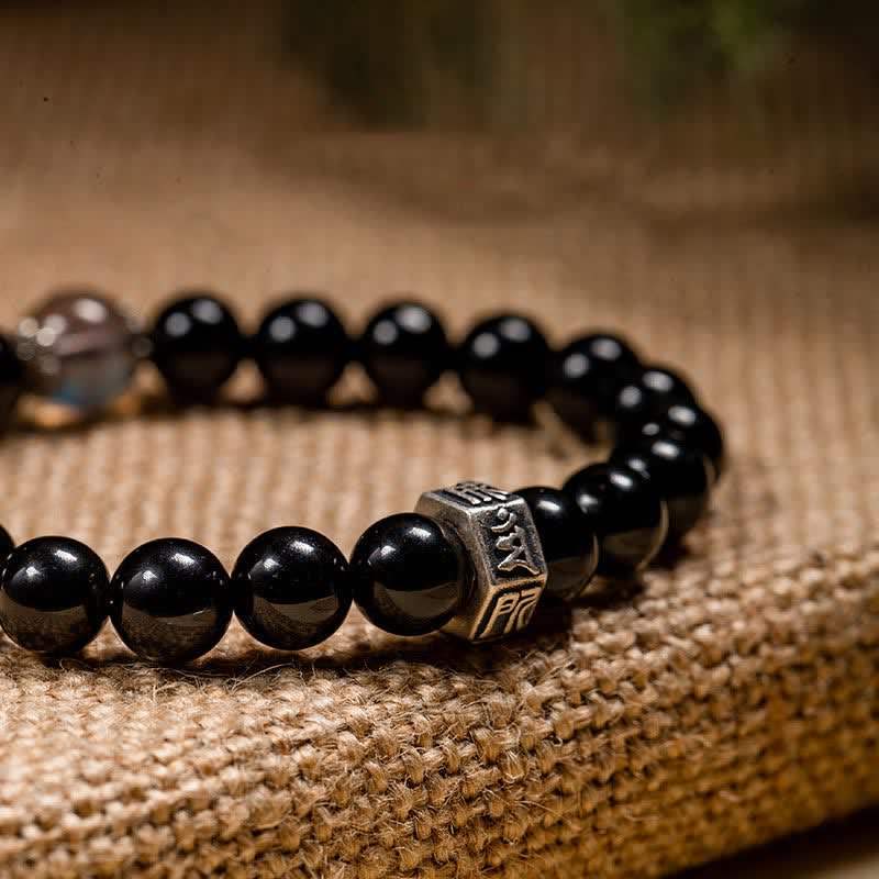 Fortune Jewel Chinese Zodiac Natal Buddha 925 Sterling Silver Black Obsidian Moonstone Strength Bracelet